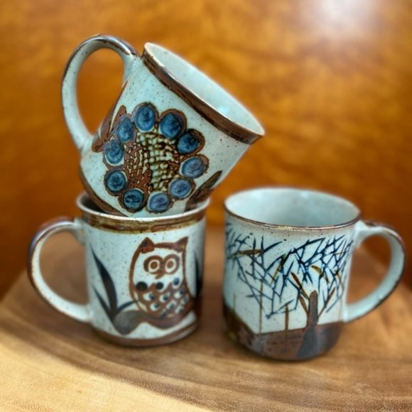 HANDMADE GLAZED POTTERY 70s 70’s Vintage Oatmeal Coffee Cups Mugs Mug Cup Set 3 - Picture 2 of 4